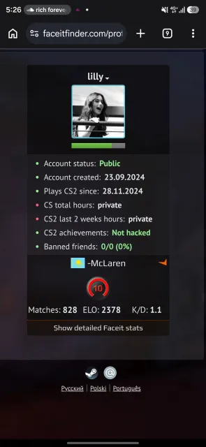 🔥 CS2 Prime | 🔝 FACEIT 10 LVL (2378 ELO) | 🕒 765 hours | ⚠️ Non-native email, Sale, Inventory empty, Has PRIME, FACEIT, 2378 ELO, Registered: Yes