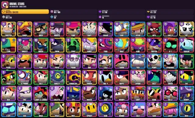 80 brawlers 🎯 85 skins 👑 11 max 🏆 29.3K trophies👑Meg👑Chester👑Sandy👑Volt👑Kendzi👑Crow👑Spike👑Kit, 29272 trophies, 80 brawlers