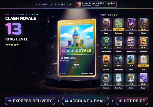 👑 ANDROID • IOS ✧ CR KING 13 ✧ Witch, Wizard, Barbarians, Archers, Goblin Cage, Tesla, Knight, 20 arena, 13 level, 7944 trophies, 119 cards, No