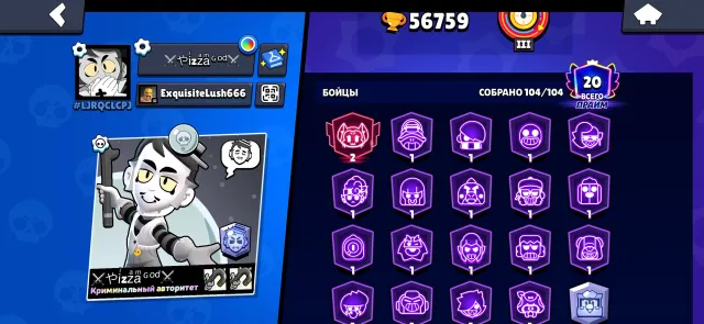 a great account with two Brawl Pass+, trophies 56759, brawlers 104, primes 20