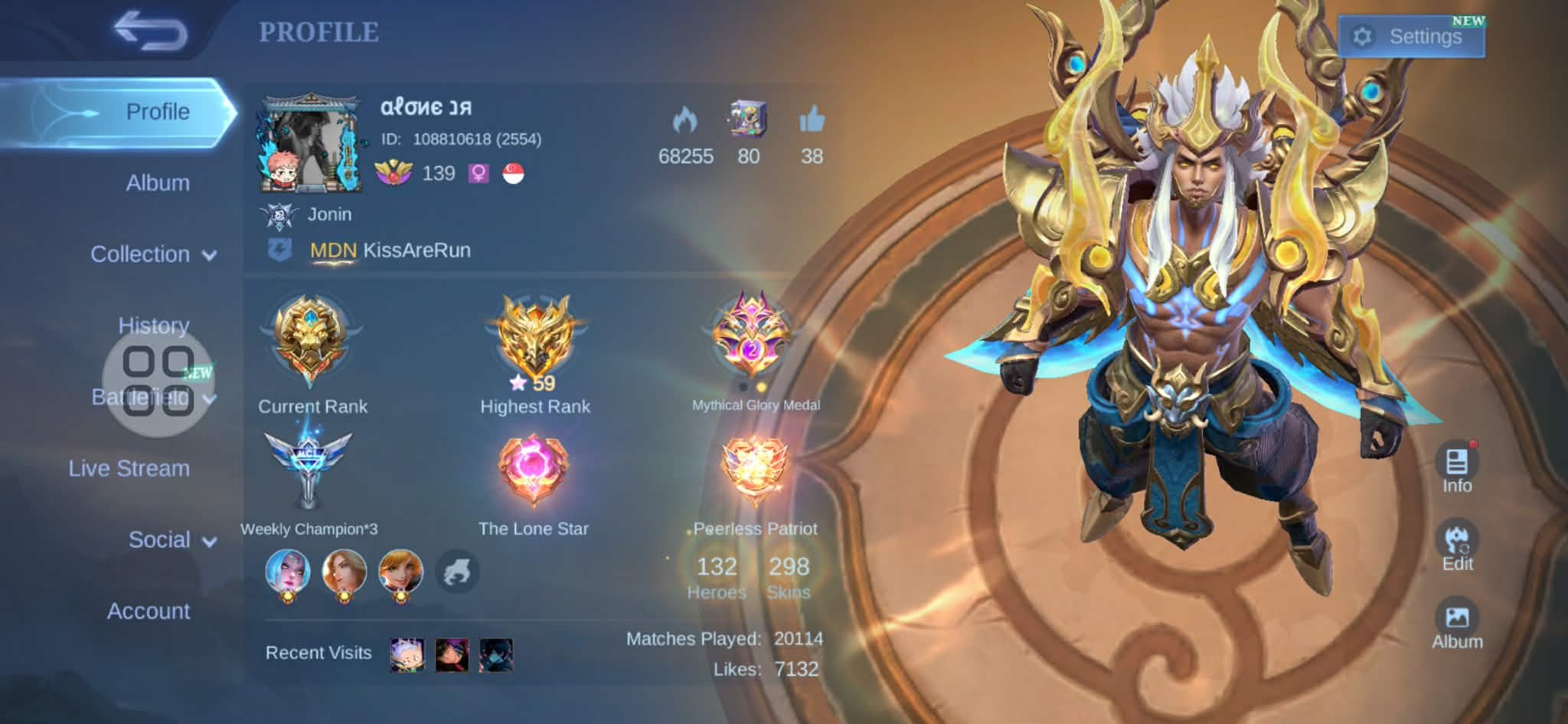 298 great skins | All max | ios+Android | global!, Sale, Rank: Mythic, Level: 139, Winrate: 55%, Heroes: 132, Skins: 298
