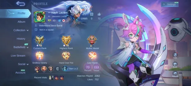 🔥Aspirint change LUCKYBOX Moskov 22 dulexe Gaara Vale pegasus Badang Epic Freya Epic kagura Epic, Sale, Rank: Mythic, Level: 40, Winrate: 51%, Heroes: 70, Skins: 153
