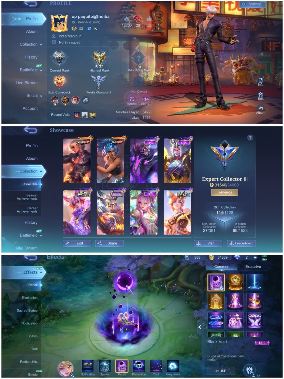 KOF Gusion Karina, Meowkin Julian Silvana, Cyber Roger, TP Void, Global 🔥, Sale, Rank: Mythic, Level: 82, Winrate: 49%, Heroes: 73, Skins: 114