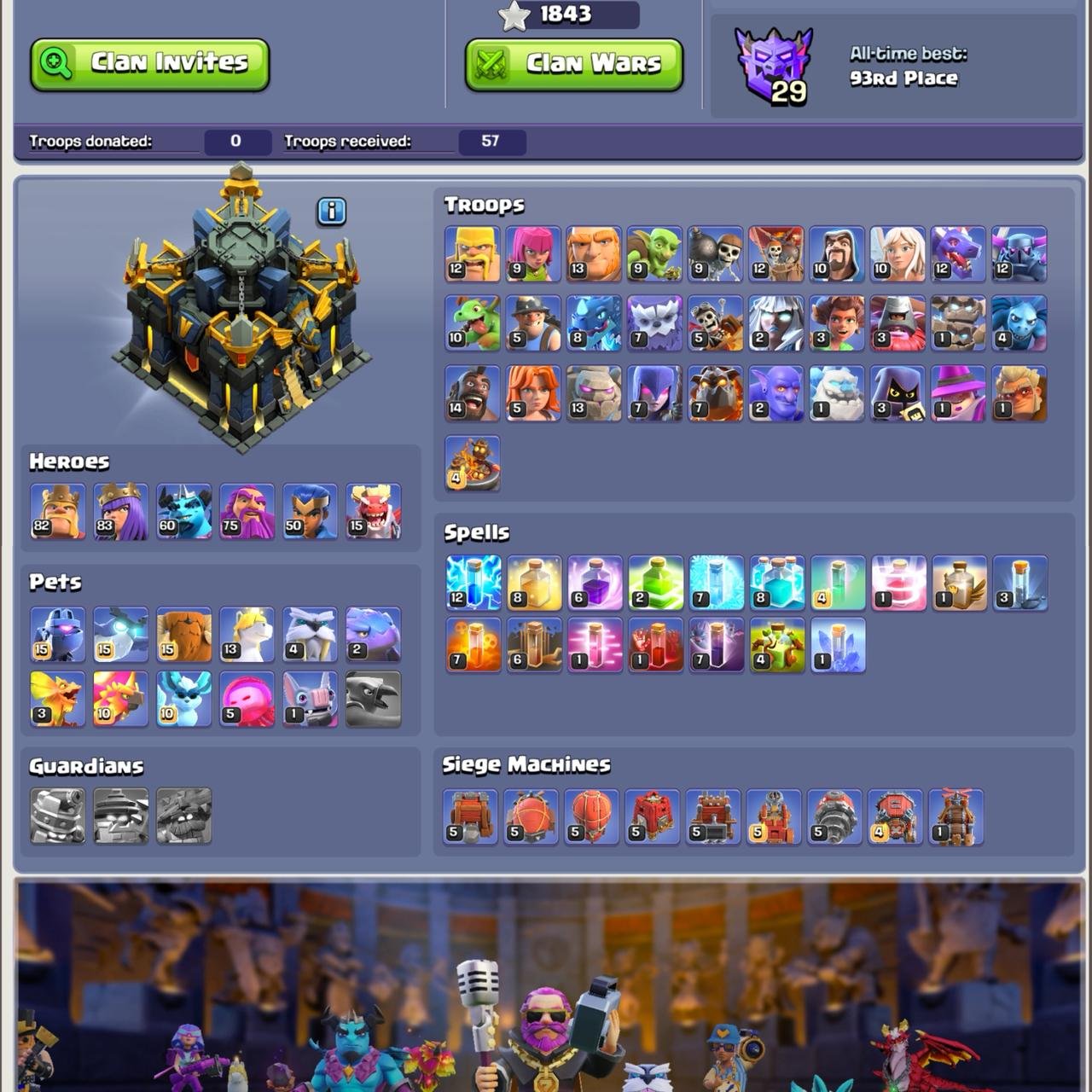 Th 17 Almost Max ✦ 33x Hero Skins ✦ Active Gold Pass ✦ 82/83/60/75/50/15 ✦ 14x Epic High Lvl ✦ Bh 10, 17 TH Main Village, 10 TH Builder
