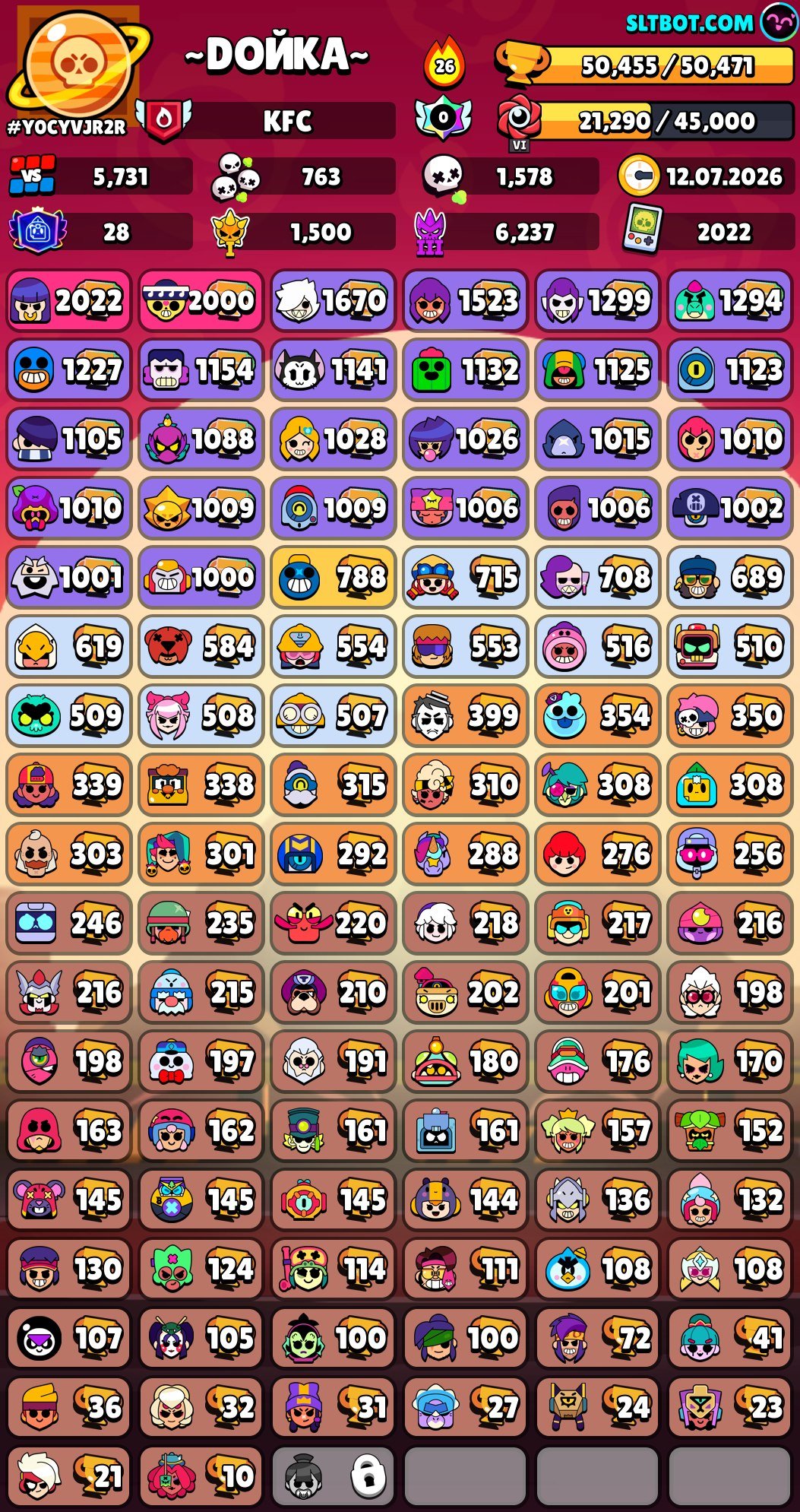 🖤🖤50k/(104/104)🖤🖤 There are many different skins, trophies 50455, brawlers 104, primes 24