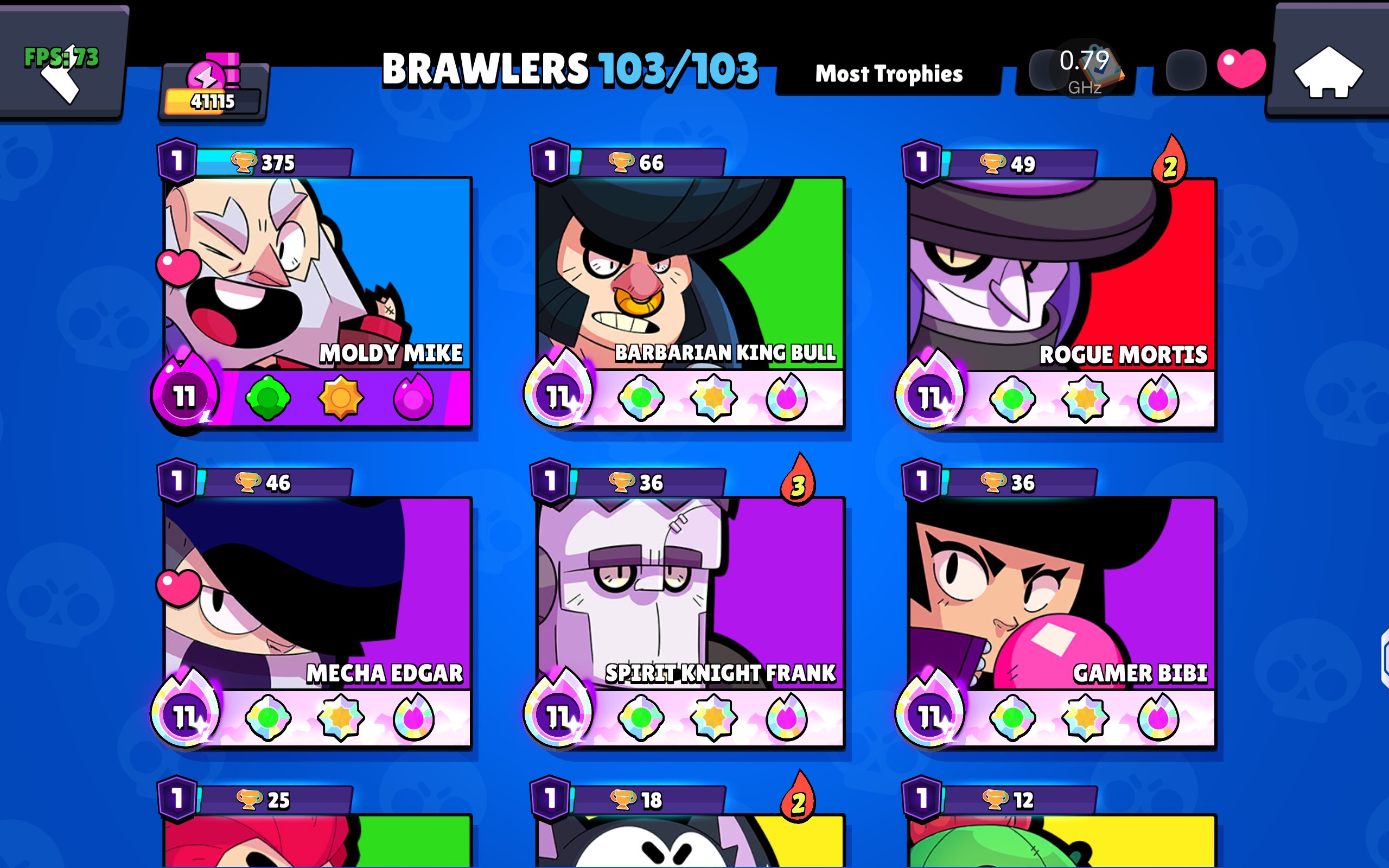 Account for the basis|👤All fighters👤|236 💓skins💖 for the cost of 💵16497 gems💵, trophies 41115, brawlers 103, primes 14