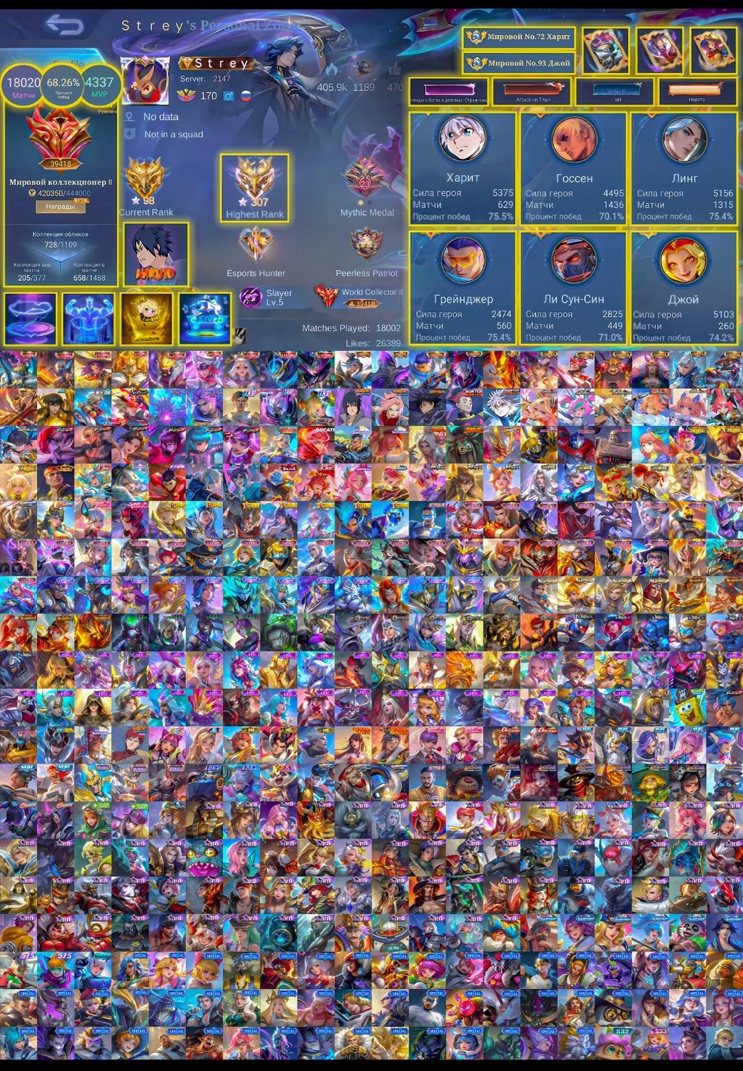 💚World Rank 39418💚Legend(9),Collector(14),KOF-Aspirant-11.11-Hunter-Transformer Series,Ling Set💚, Sale, Rank: Mythical Immortal, Level: 170, Winrate: 68%, Heroes: 132, Skins: 728