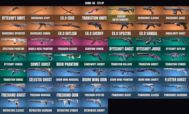 Gold 1 💎 46 skins 🎯 4 knives💎Operator "Radiant Entertainment System"💎Vandal "ex.o"💎Divergence, Sale, Gold 1, Agents: 23, Skins: 46