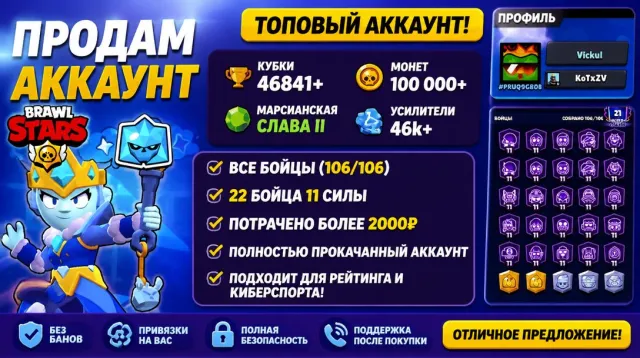 ⚡АКК В БС ПОД ОСНОВУ, ИГРАЛ 4 ГОДА ПОДРЯД ⚡, 46841 кубков, 106 бравлеров, 21 праймов