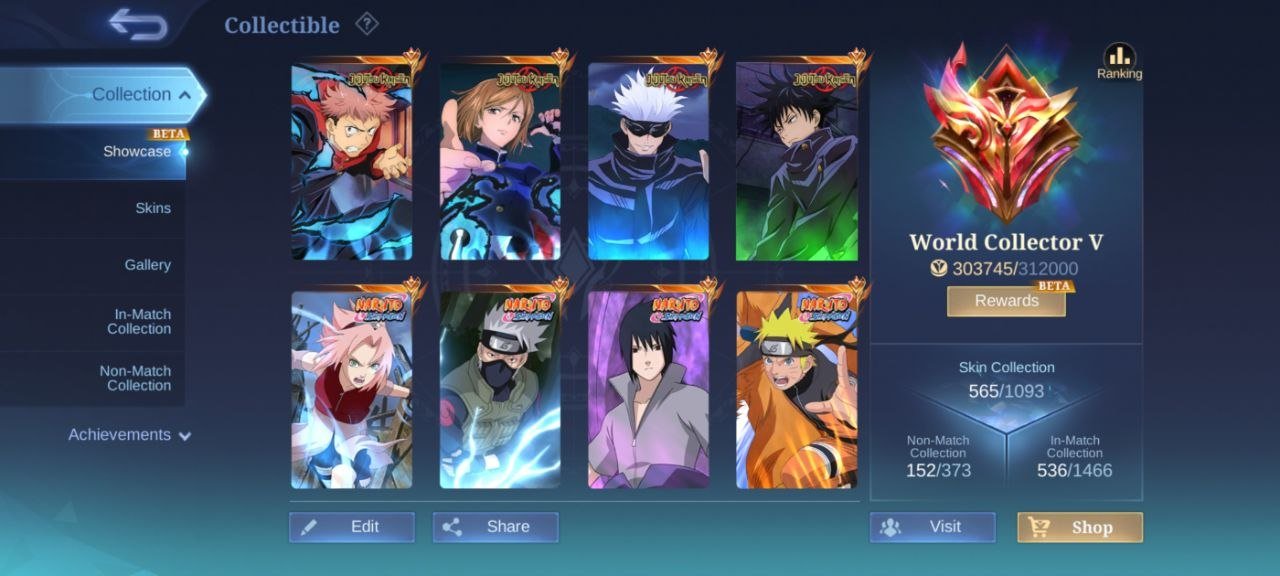 world➤Leg 4➤Naruto full 1➤JJK full➤metro full➤KOF 5➤aspirint 3➤PRIME 3➤HXH 2➤LUCKY 11➤collect 6➤TLPH, Sale, Rank: Mythical Immortal, Level: 103, Winrate: 53%, Heroes: 132, Skins: 565
