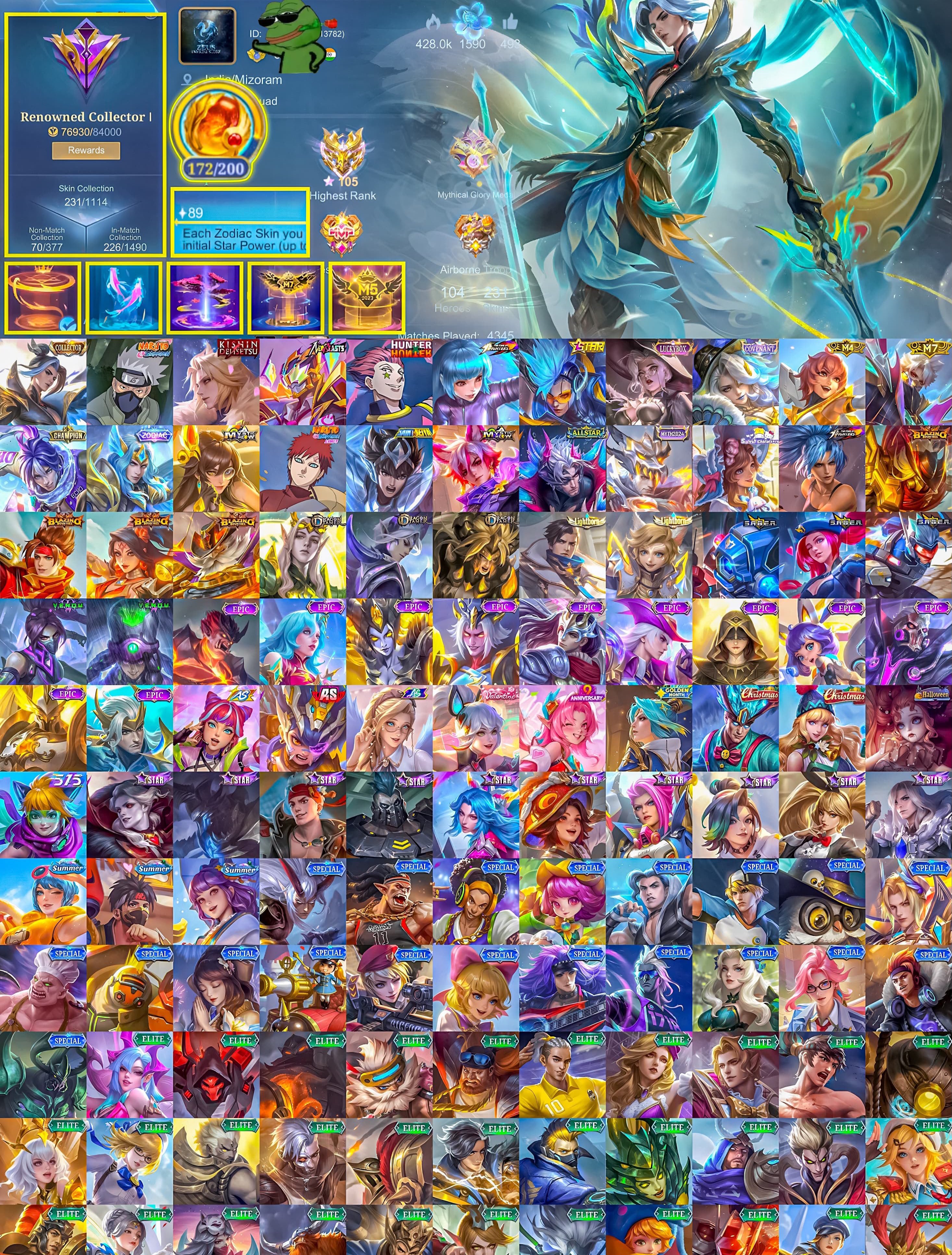 172 Magic Core 🐉 Ling Collect🦾 Fredrin Neobeast 🌹 Lancelot Kishin 🥷 Haya Kakashi 🃏 Cecilion Hisoka, Sale, Rank: Mythical Immortal, Level: 55, Winrate: 60%, Heroes: 104, Skins: 231