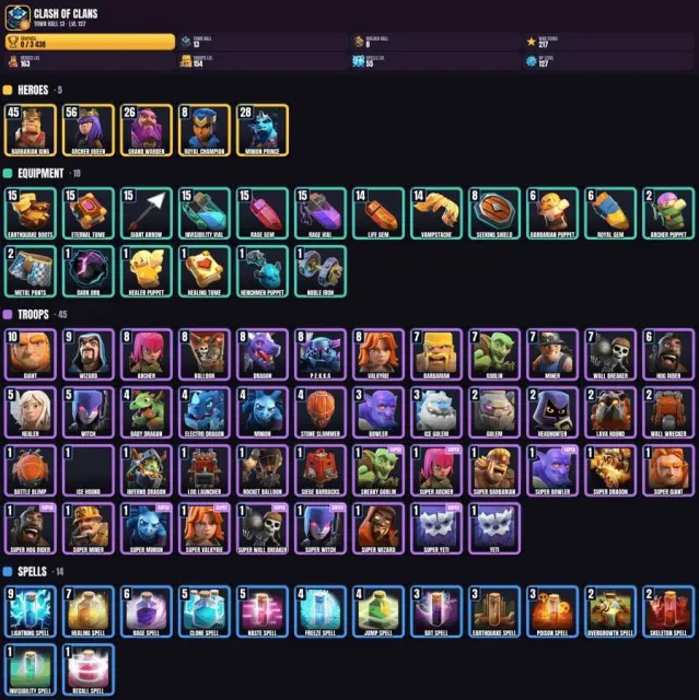 13 TH 🎯 3400+ trophies 👑 8 BH ✨ 163 hero levels 🏆 154 troop levels, 13 TH Native Village