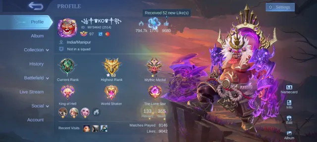 Legend Franco, Kungfu Thamuz, Transformers X-Borg, JJK Melissa, Luckybox, Global 🔥, Sale, Rank: Mythical Glory, Level: 127, Win Rate: 49%, Heroes: 133, Skins: 365