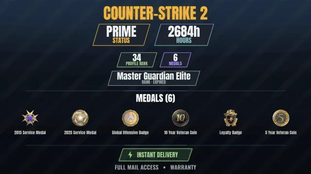【CS2 Prime👑2600h✨6 medals】【RUST】 Veteran Coin 10 years, Service Medal 2015, 2025 Service, Sale, With inventory, Has PRIME