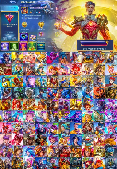 Legend Alucard, 11.11 Gusion, Aspirants Guinevere Lesley, KOF Dyrroth, Luckybox, Global 🔥, Sale, Rank: Mythic, Level: 155, Winrate: 50%, Heroes: 133, Skins: 380