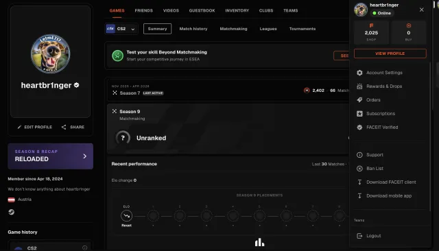 🌈531 МАТЧ🔥2402 ELO💎🟥9 МЕДАЛЕЙ + 25.OOO PREMER🟩ВЕЧНО ЗЕЛЁНЫЙ TRUST🟩🍎🔥30 LVL🔥🟢ОПИСАНИЕ 💎+DOTA2💎🔥, Продажа, Инвентарь пуст, Есть PRIME, 25100 CS Rating, FACEIT, 2402 ELO, Зарегистрирован: Да