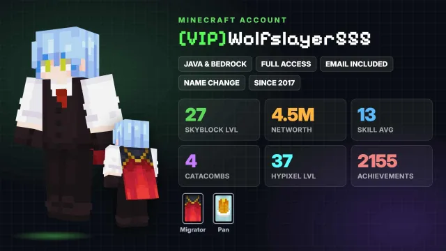 👑 [VIP] 🌱 SkyBlock 27 level 💰 4.5M Networth 🦸 Cloaks (2): Migrator, Pan ✅ Java & Bedrock & full access, Sale, All account data