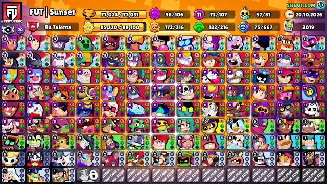💗73 11 POWER💗 5 BP+💗 METEOR GLORY 1 💗 BUNCH OF SKINS💗 MASTERINO, 72000 trophies, 107 brawlers