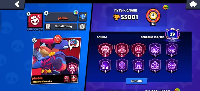 OLD ACCOUNT WITH EXCLUSIVE SKINS, 55001 trophies, 105 brawlers, 29 primes