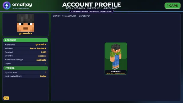 ⚡ MINECRAFT ⚡ JAVA + BEDROCK • 1 CAPE: Pan • FULL ACCESS • NO BAN HYPIXEL (1 LVL) #4FMM63, Sale, All account data