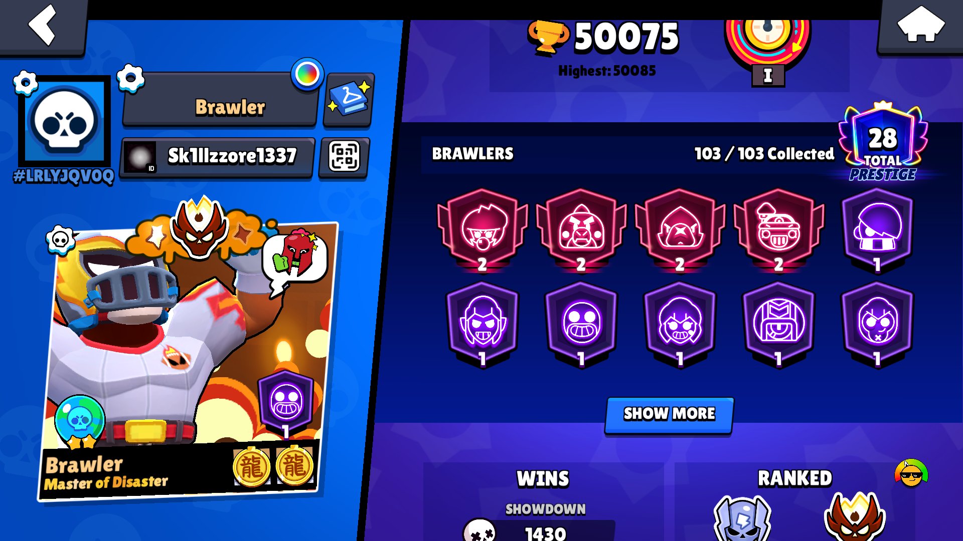 50K ACC | Master 2025 x2 | Pin Matcherino Pin | 42-11 Power, trophies 50000, brawlers 103, primes 28
