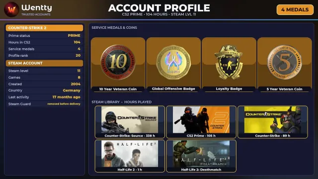 🔥 [CS2 PRIME] +4 RARE MEDALS: 10 YEARS · GO · LOYALTY — 2004 | +4 GAMES | FULL ACCESS #47XVTK, Sale, Inventory empty, PRIME available