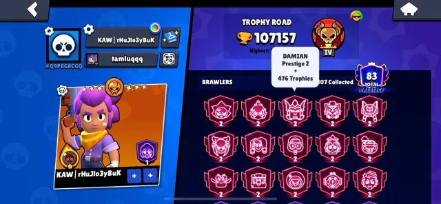 60 11 POWER✌🏻MASTER IN LEAGUE☠️68 BUFFY🥺SPRAY FOR 30 RANK😡3 CHARACTERS 2500+😊, 107000 trophies, 106 brawlers, 80 primes