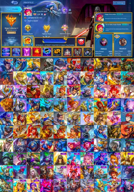 Mega 5, Good WR, Legend, StarWars, Transformers, KungFu, Aspirant, Ducati, TP, Global 🔥, Sale, Rank: Mythic, Level: 158, Winrate: 55%, Heroes: 133, Skins: 504