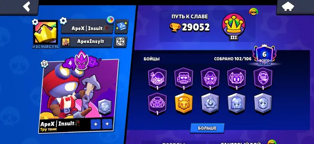 Many skins with rare/epic accounts, leveled up, many level 11, 29000 trophies, 102 brawlers, 6 primes