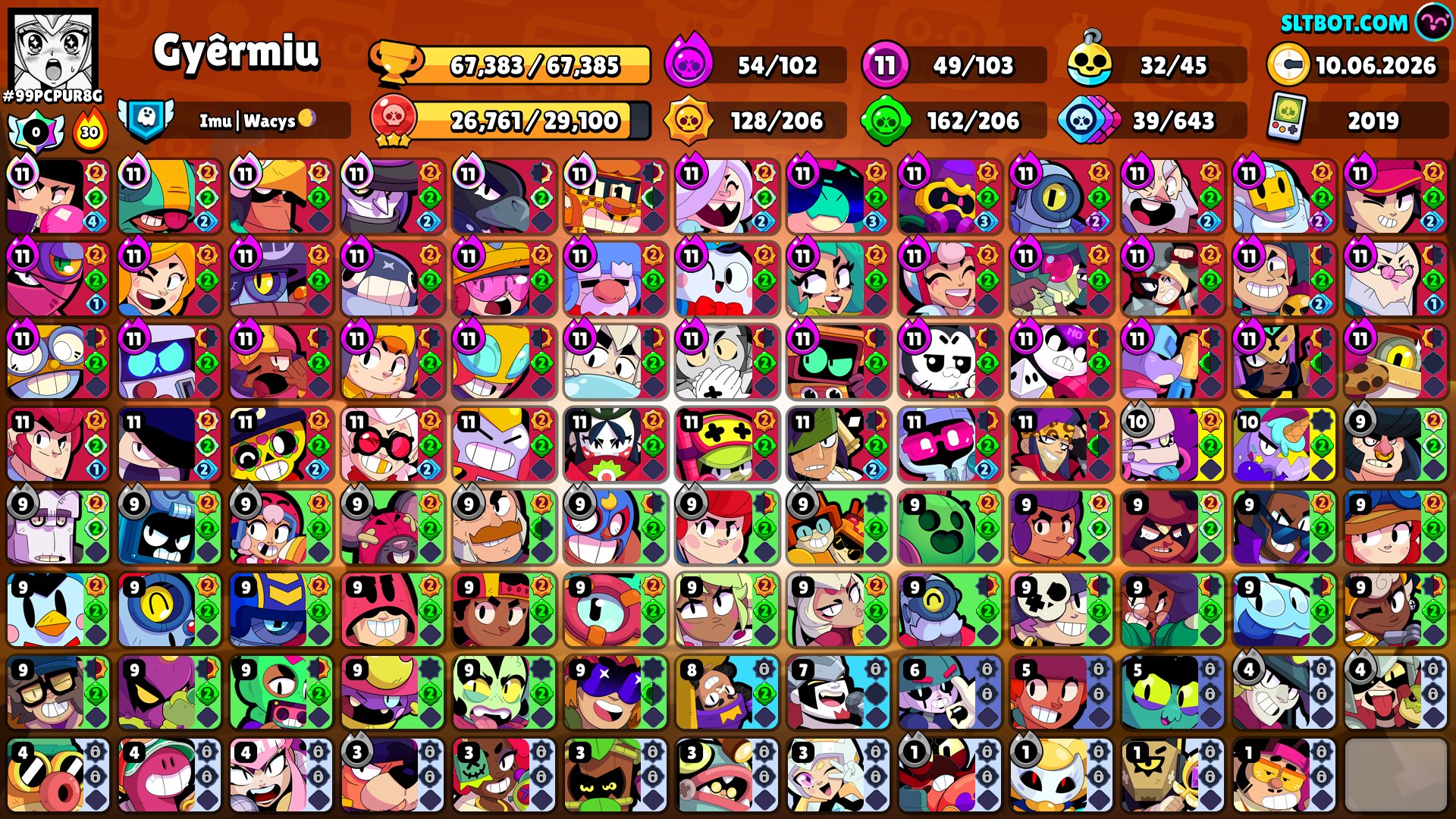 🔥FAT ACCOUNT🔥🏆67056 CUPS🏆48 11 POWER💪53 HYPERCHARGE⚡36 PRIME | 31 BUFFY |, trophies 67056, brawlers 103, primes 36