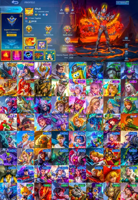 Collector Huvephra, Annual Star Kagura, Lucky Box Estes, Sponge Bob, Global 🔥, Sale, Rank: Mythical, Level: 85, Win Rate: 50%, Heroes: 119, Skins: 175