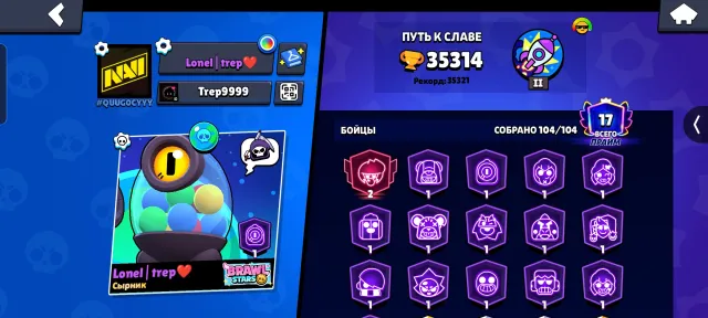 Account from 2022; has plenty of decent skins, including 2 Prime skins for Bibi., trophies 35314, brawlers 104, primes 17