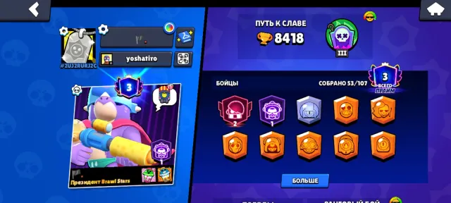 🎩profitable account in BS!🎩, 8418 trophies, 53 brawlers, 3 primes