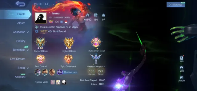 SAFE & CHEAP | EMBLEM MAX, LESLEY ANNUAL, KOF KARINA, NATA CC & 29 EPIC SKIN, Продажа, Ранг: Мифический, Уровень: 136, Процент побед: 51%, Герои: 133, Облики: 277