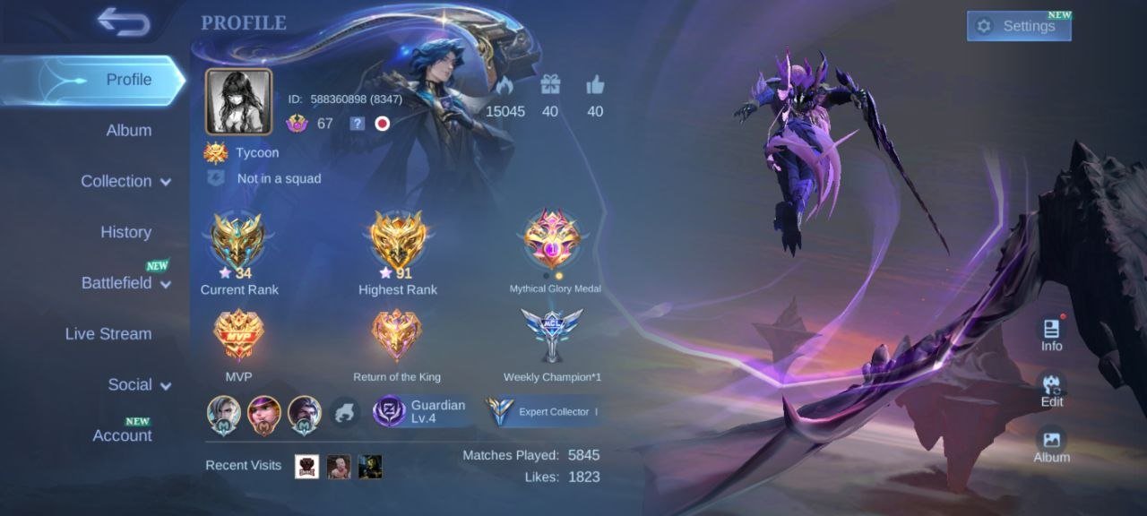 91⭐Abyssal Recall🌀KOF Karina💥LUCKYBOX estas🎯21deluxe🚀EPIC Lancelot🚀EPIC Roger🚀EPIC khufra🔥emblem Max, Sale, Rank: Mythic, Level: 67, Winrate: 52%, Heroes: 123, Skins: 191