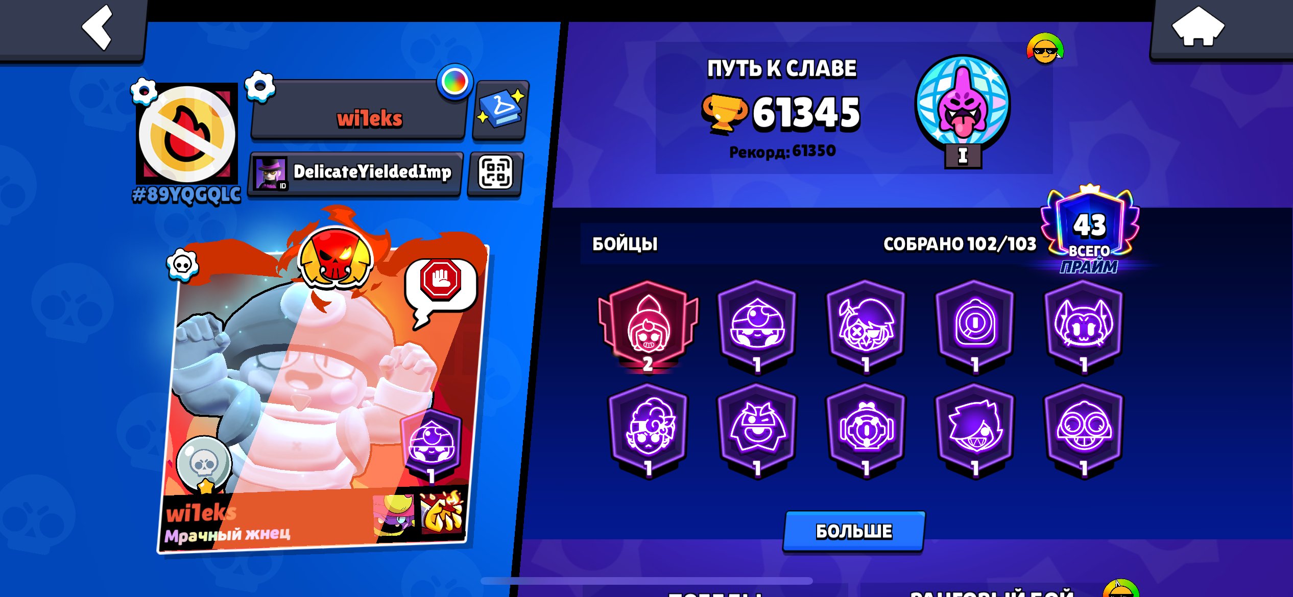 🎰❤️A very good and juicy account for the game❤️🎰, trophies 61345, brawlers 102, primes 43