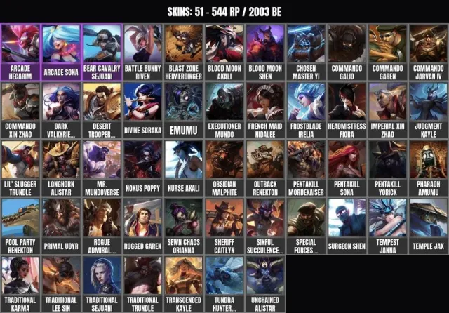51 skins 🎯 89 champions 👑 2003 BE👑Bear Cavalry Sejuani👑Arcade Sona👑Arcade Hecarim👑Pharaoh, Sale, level 30, champions 89, skins 51, No rank