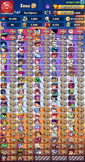 Old account Brawl Stats since 2019, 19 BP purchased, 80797 trophies, 106 brawlers, 48 primes