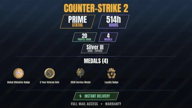 【CS2 Prime🎮514h💠4 medals】 Service Medal 2020, Loyalty Badge, 5-Year Veteran Coin, Global, Sale, With inventory, Has PRIME
