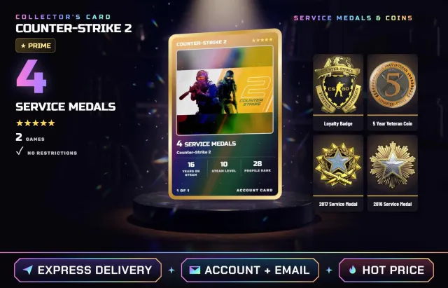 🎯 ✧ 4 MEDALS • CS2 PRIME • CS2 LVL. 28 • 2 GAMES ✧ 2016 Service Medal, 2017 Service Medal, Sale, With Inventory, Has PRIME