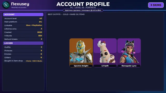 🚀 ⟦ FORTNITE ⟧ Spectra Knight, Lil Split, Renegade Lynx ✦ 3 skins ✦ 43 lvl ✦ 550 V-Bucks ✨, Sale, skins 3