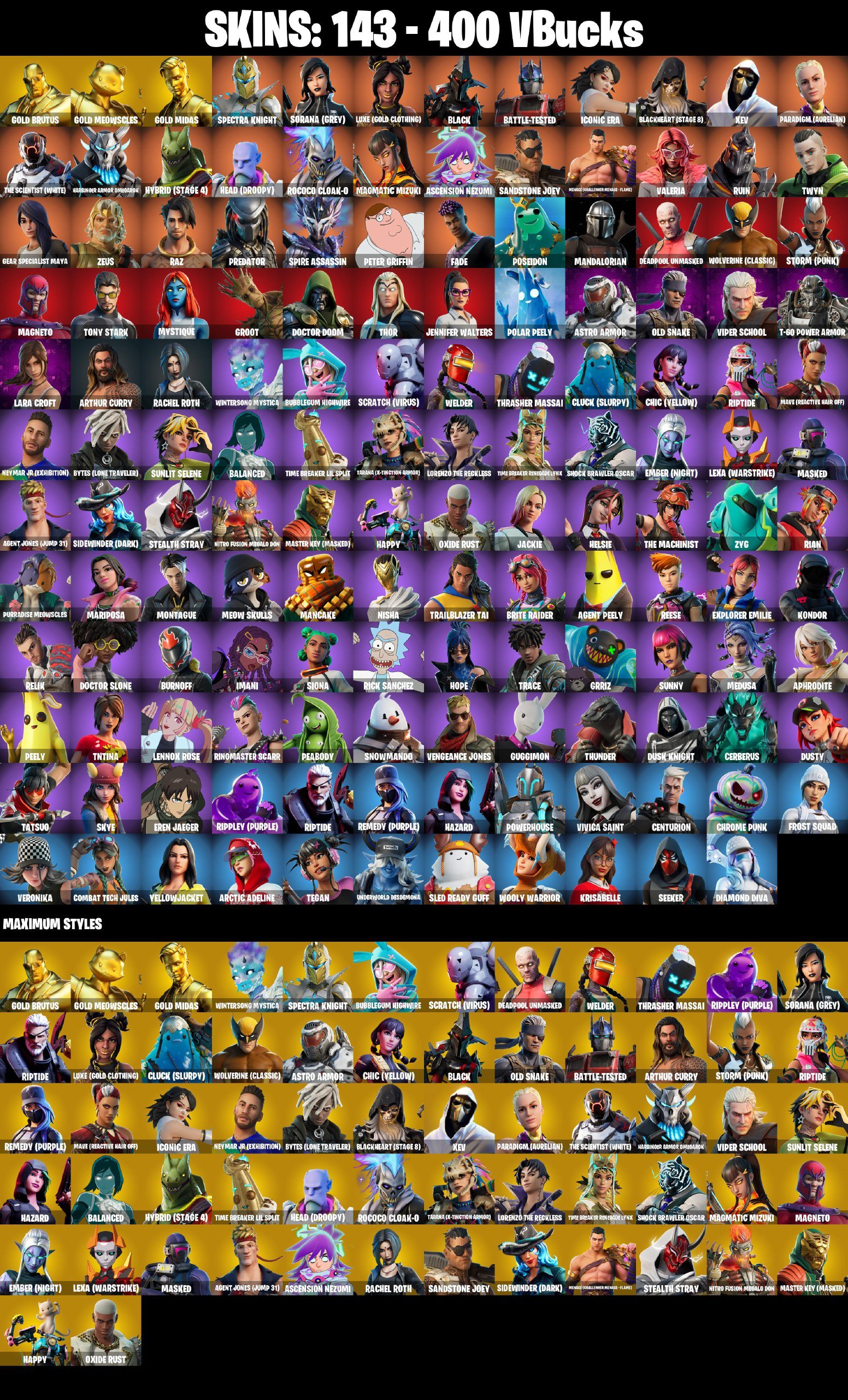 [PC/NS/XBOX] 144 SKINS | TNTina | Meowscles | Midas | Crowbar | Tech Axe | Basic Basher, Sale, skins 144