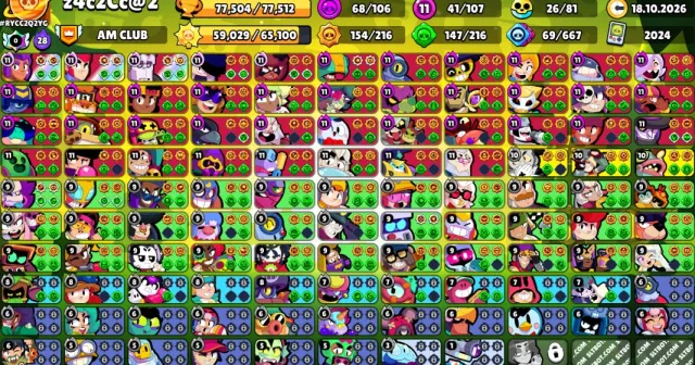 ⚡77К🔥107/107👑41 11 СИЛ💰34К МОНЕТ☀️СОЛНЕЧНАЯ СЛАВА⚡10 ГИПЕРЗАРЯД СКИН🎨УНО ЧЕСТЕР🧽ЭЛЬ ГУБКА🤖АВТОВЫДАЧ, 77507 кубков, 107 бравлеров, 56 праймов