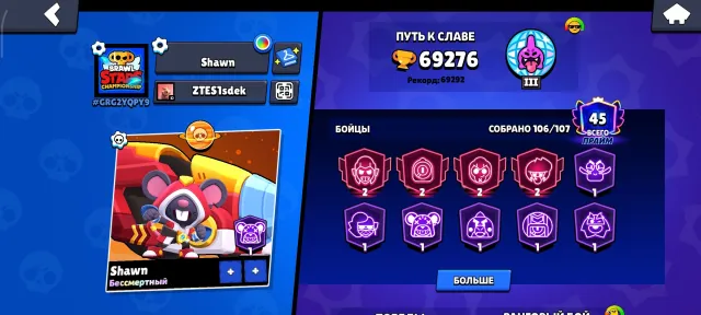 Good account for your money, 69276 trophies, 106 brawlers, 45 primes