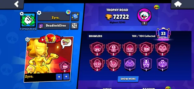 # 🔥 Brawl Stars Account | 72K+ Trophies | 104/104 Brawlers | Prestige 33 🔥, trophies 72000, brawlers 104, primes 33