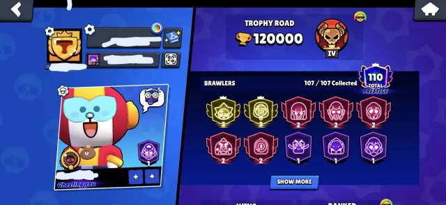 PRICE NEGOTIABLE MASTER 35 RANK OLD SKINS 120K TOTAL CUPS, 120000 trophies, 107 brawlers, 111 primes