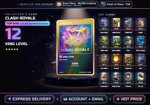 👑 ANDROID • IOS ✧ CR KING 12 ✧ Knight, Electro Dragon, Mortar, Tesla, Archers ✧ + BS 47K TROPHIES, Arena 16, Level 12, 5500 trophies, 101 cards, No