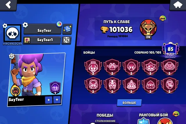 Игра не интересна, 100936 кубков, 105 бравлеров, 85 праймов