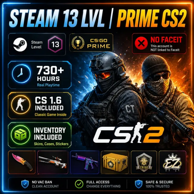 🔥 STEAM 13 LVL | CS2 PRIME (730ч) 🔫 | ИНВЕНТАРЬ 💰 | CS 1.6 & ИГРЫ 🎮, Продажа, С инвентарем, Есть PRIME, 1 CS Rating, Competitive