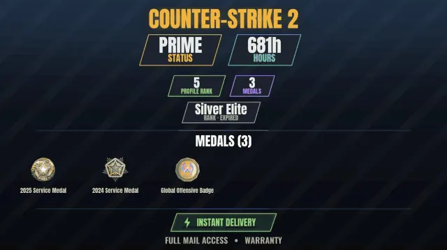 【CS2 Prime💠681h💎3 medals】 Service Medal 2024, Service Medal 2025, Global Offensive Badge, Sale, With inventory, Has PRIME